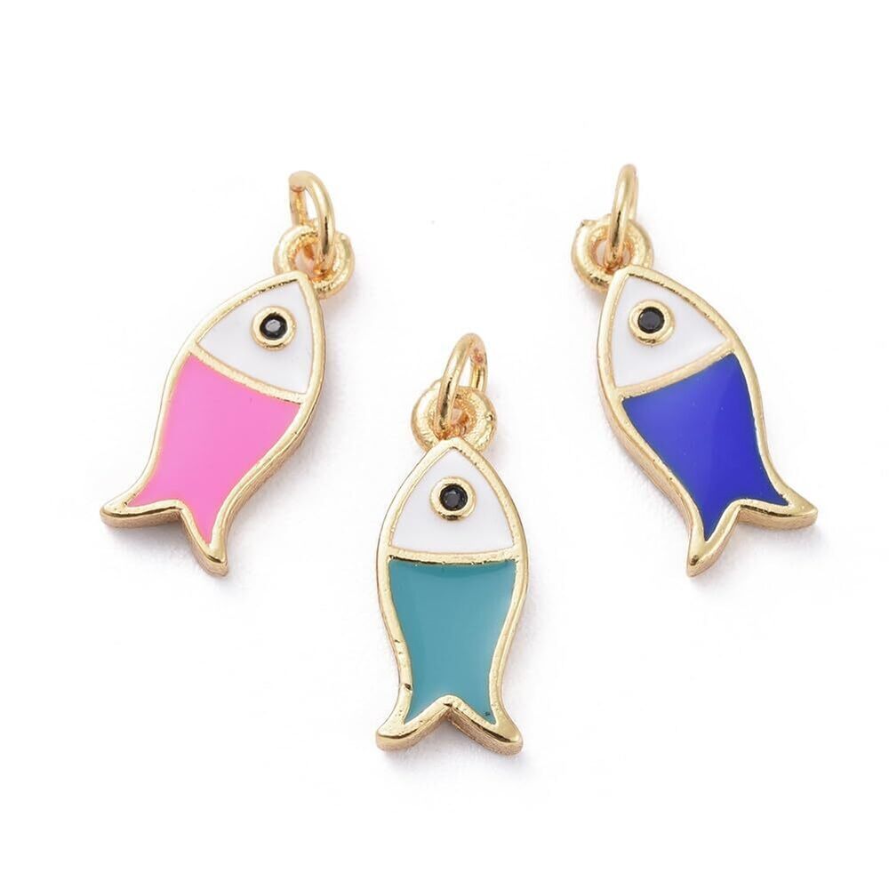1763 10 pcs Mini Fish Theme Brass Cubic Zirconia Enamel Charms Cute Ocean